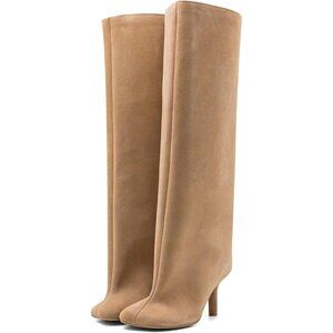 Women's Beige Wide Calf Square Toe Stiletto Heels Knee High Suede Boots